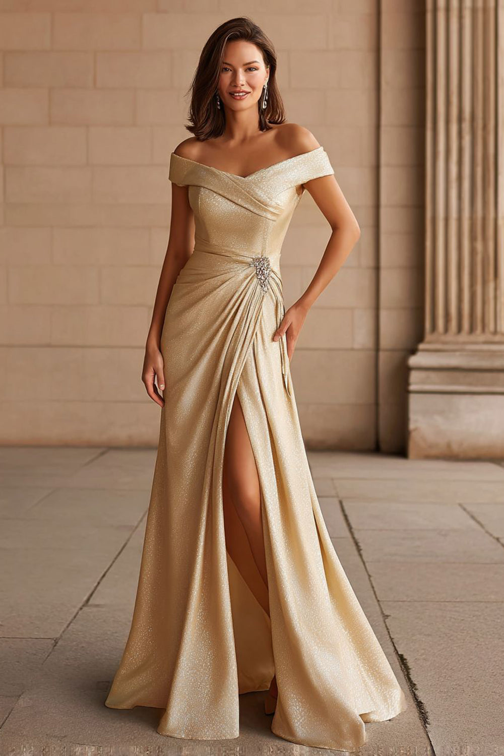 Charm in Style with the Champagne Off The Shoulder Prom Dress Charmeuse Split Mermaid