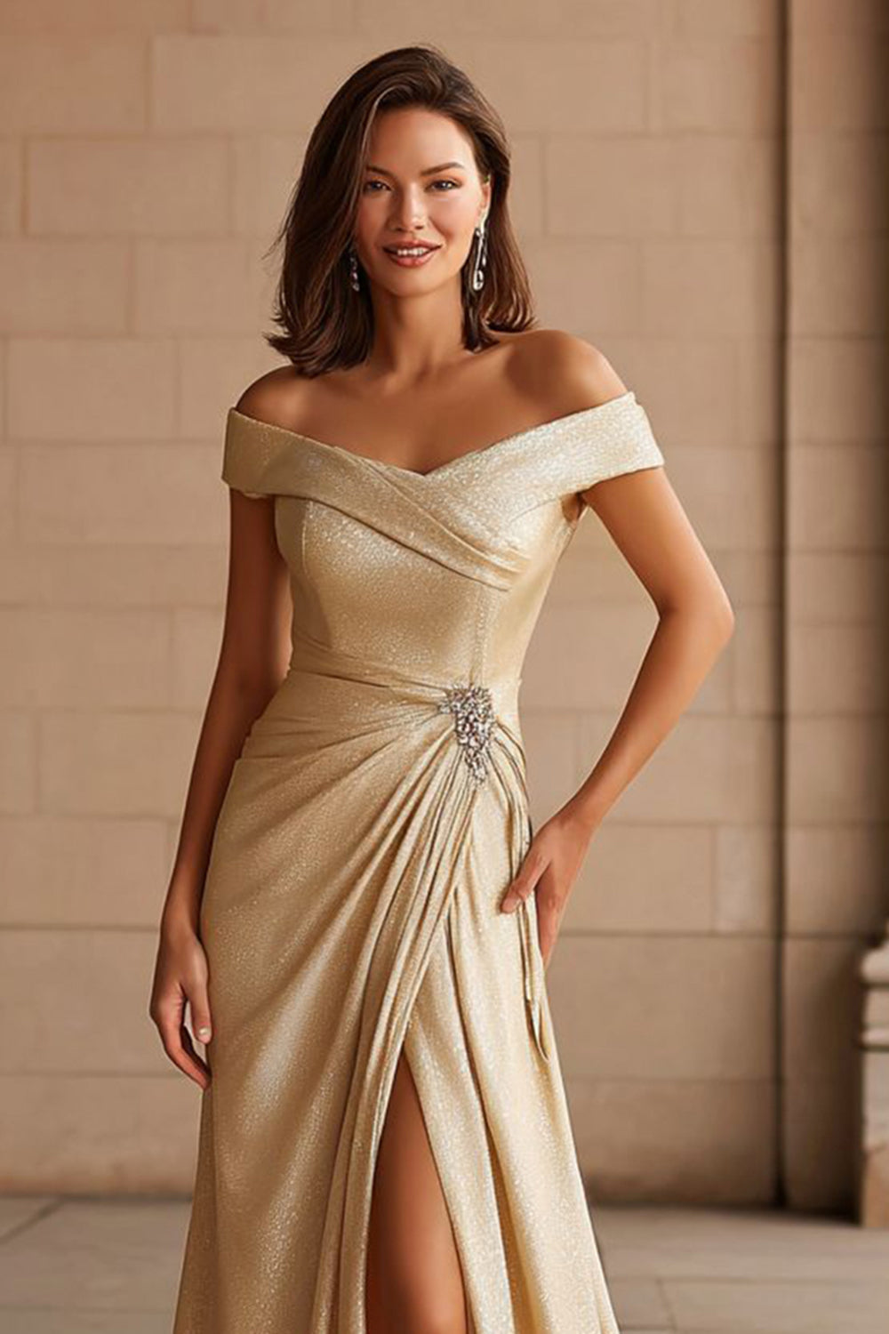 Champagne Off the Shoulder Long Mother of the Bride Dress with Slit