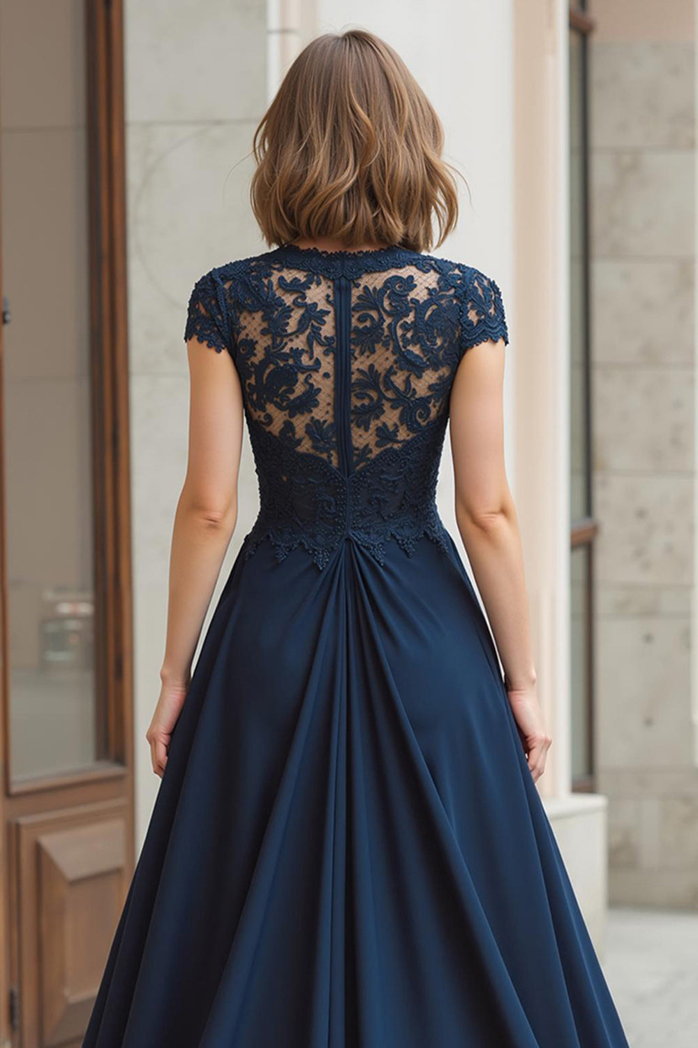 Navy Round Neck A-Line Chiffon Long Mother of the Bride Dress with Lace