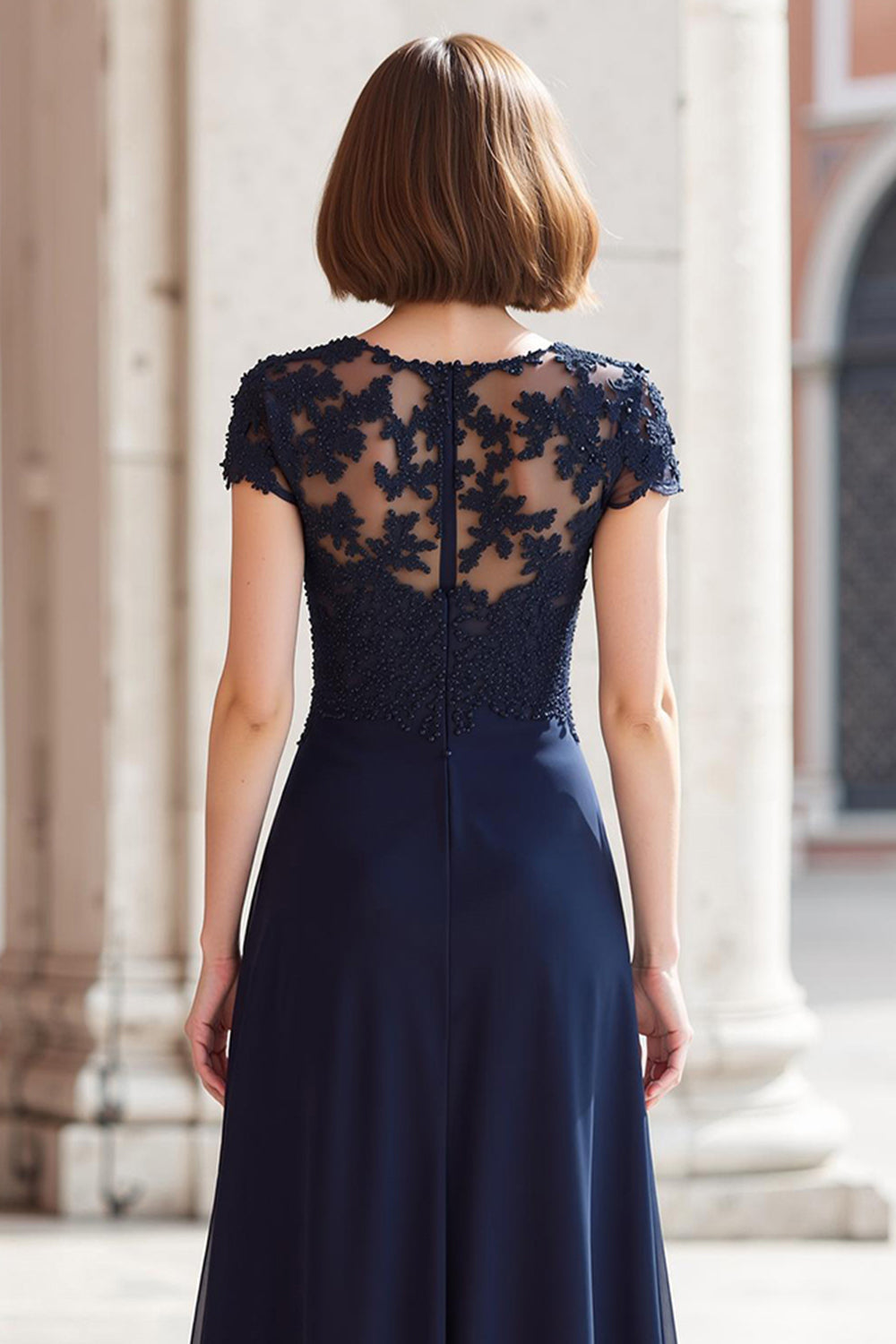 Navy Round Neck Chiffon A-Line Long Mother of the Bride Dress with Appliques