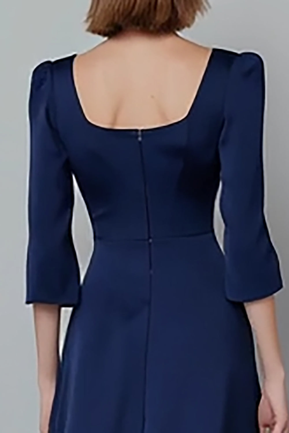 Navy Satin A Line Square Neck Long Work Dress with Sleeves