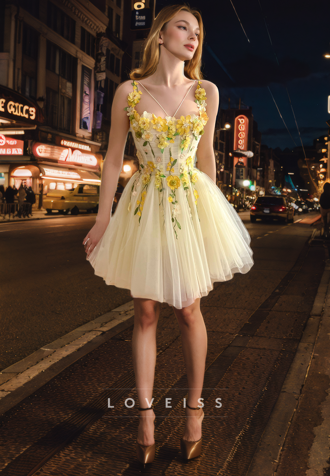 Square Sleeveless Floral Embellished Tulle A-Line Homecoming Dress