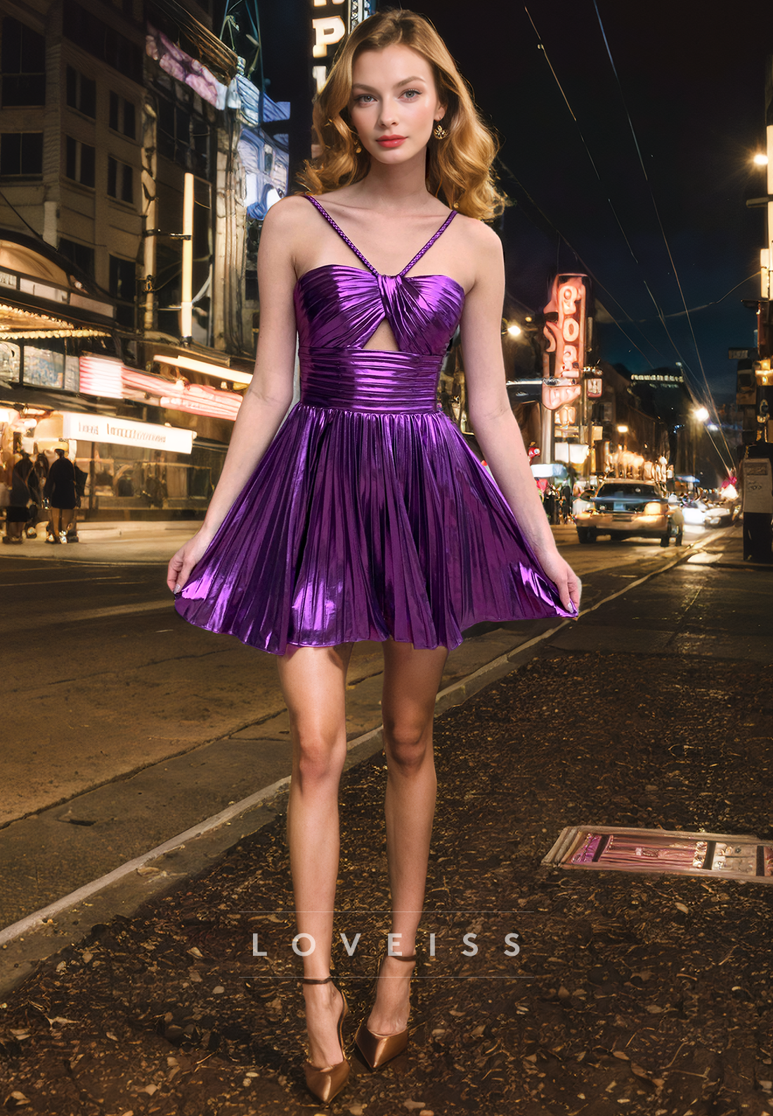 A-Line Halter Cutout Metallic Elegant Party Homecoming Dress