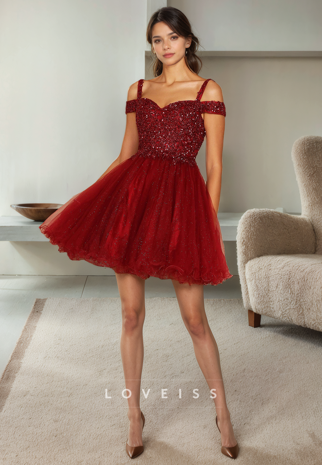 A Line Sweetheart Beads Burgundy Homecoming Dress Glitter Short Graduation Dress
