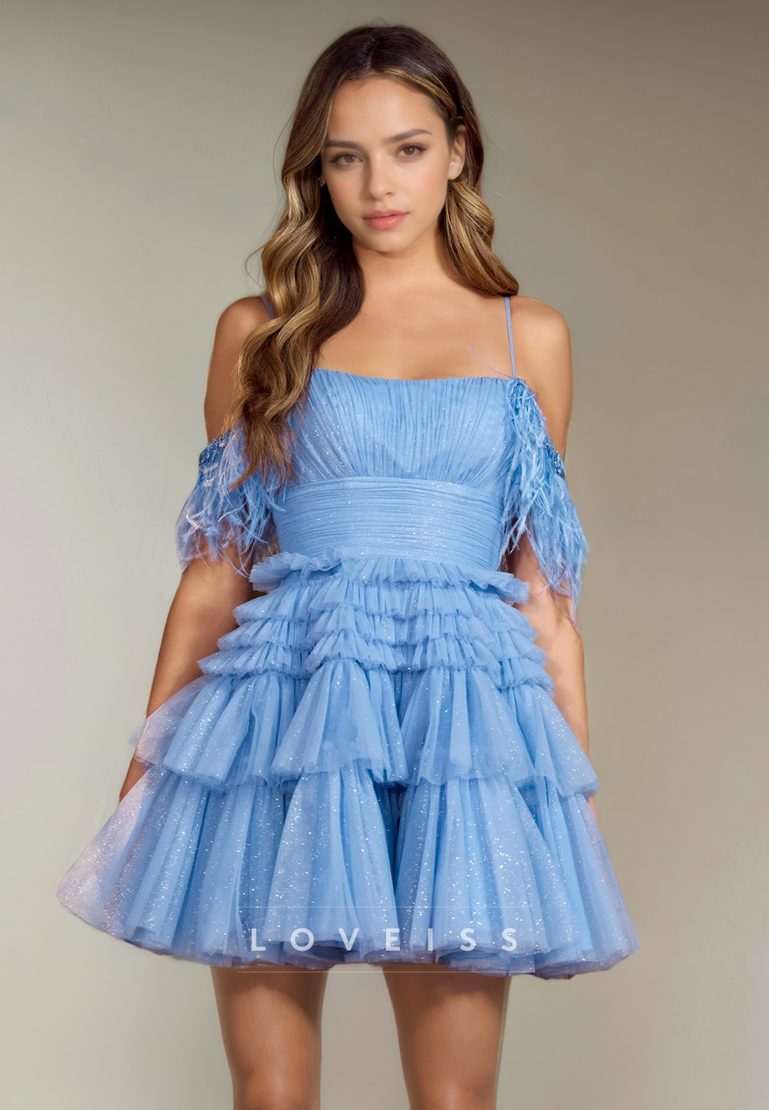 A Line Spaghetti Straps Tulle Pleats Sparkly Homecoming Dress Cute Graduation Dress