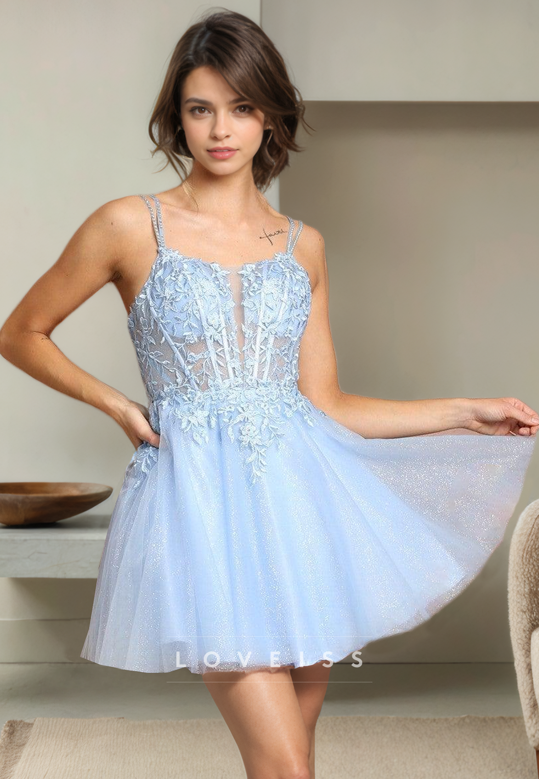 A Line Beads Straps Appliques Cute Homecoming Dress Short Graduation Dress