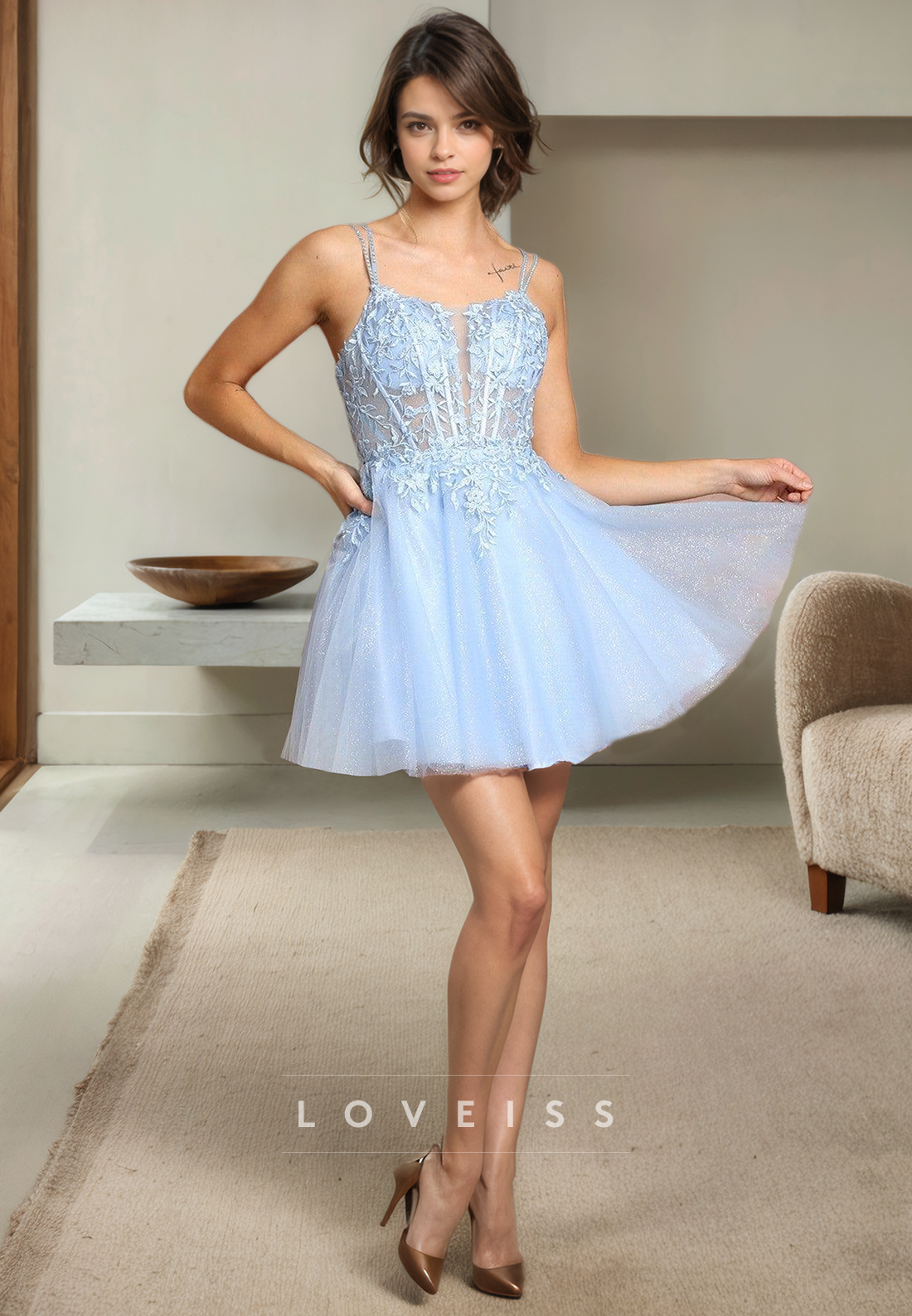 A Line Beads Straps Appliques Cute Homecoming Dress Short Graduation Dress