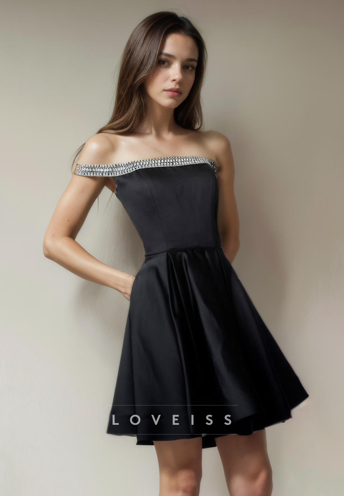 A Line Off Shoulder Beads Short Homecoming Dress with Pockets Graduation Dress