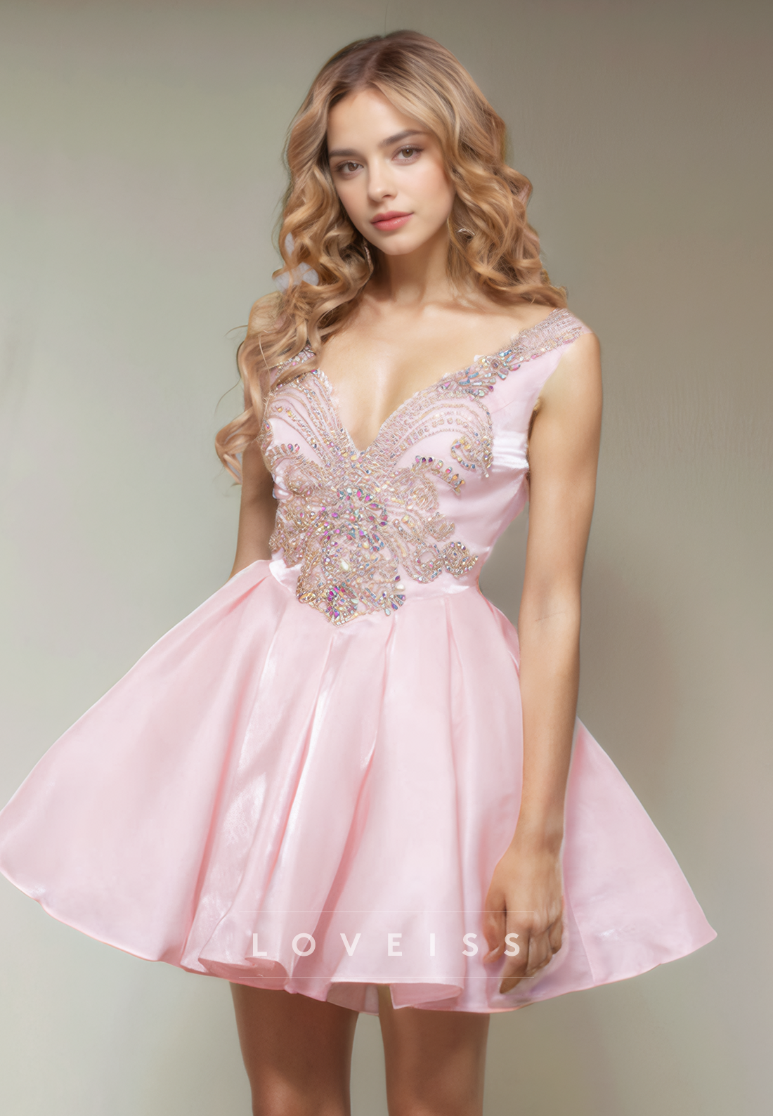 A Line V Neck Beads Pink Cute Homecoming Dress Short Graduation Dress