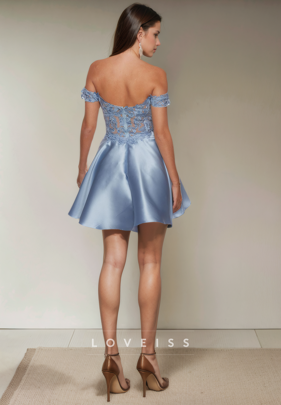 A Line Off Shoulder Satin Lace Appliques Cute Homecoming Dress Short Graduation Dress