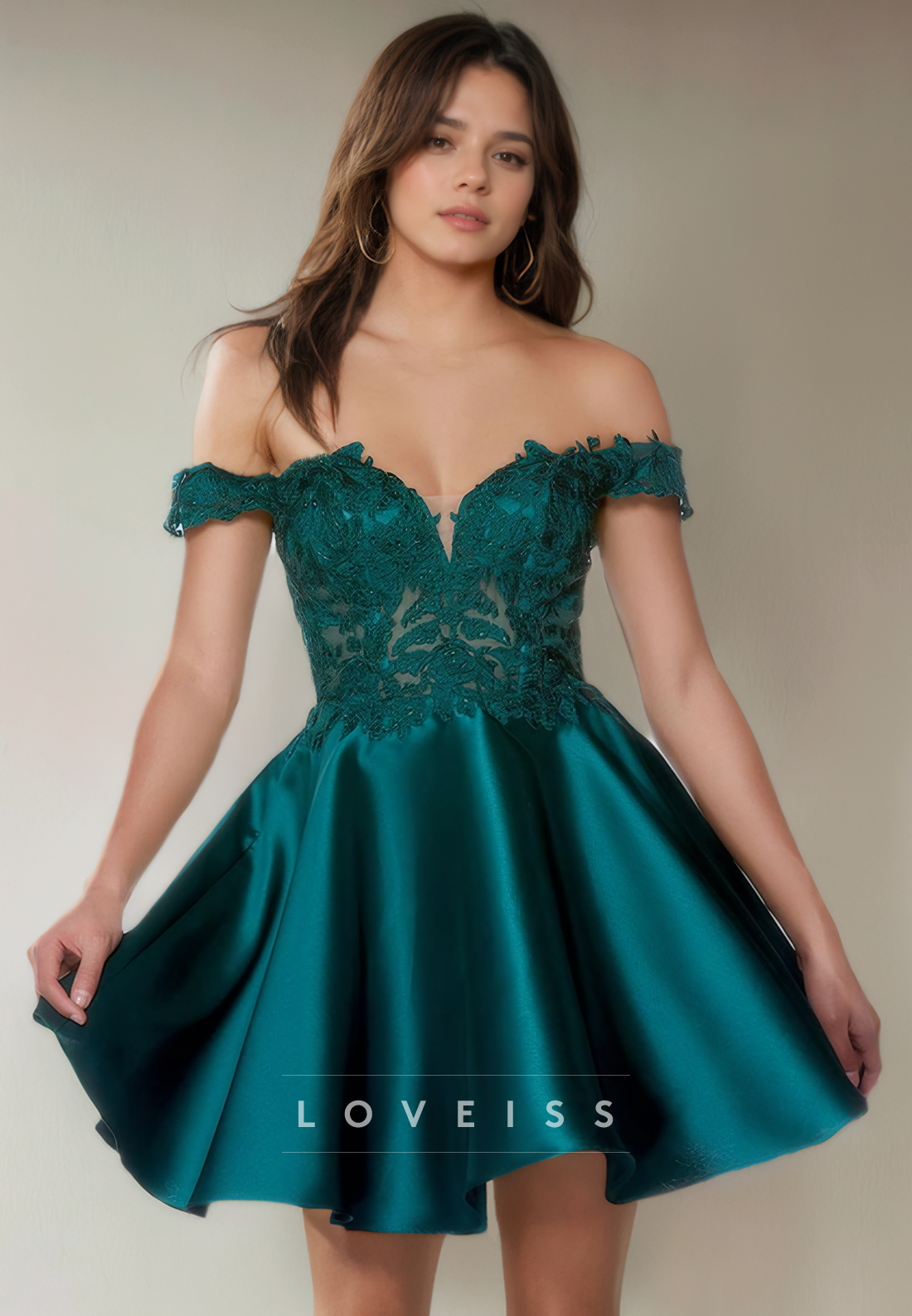 A Line Off Shoulder Satin Lace Appliques Cute Homecoming Dress Short Graduation Dress