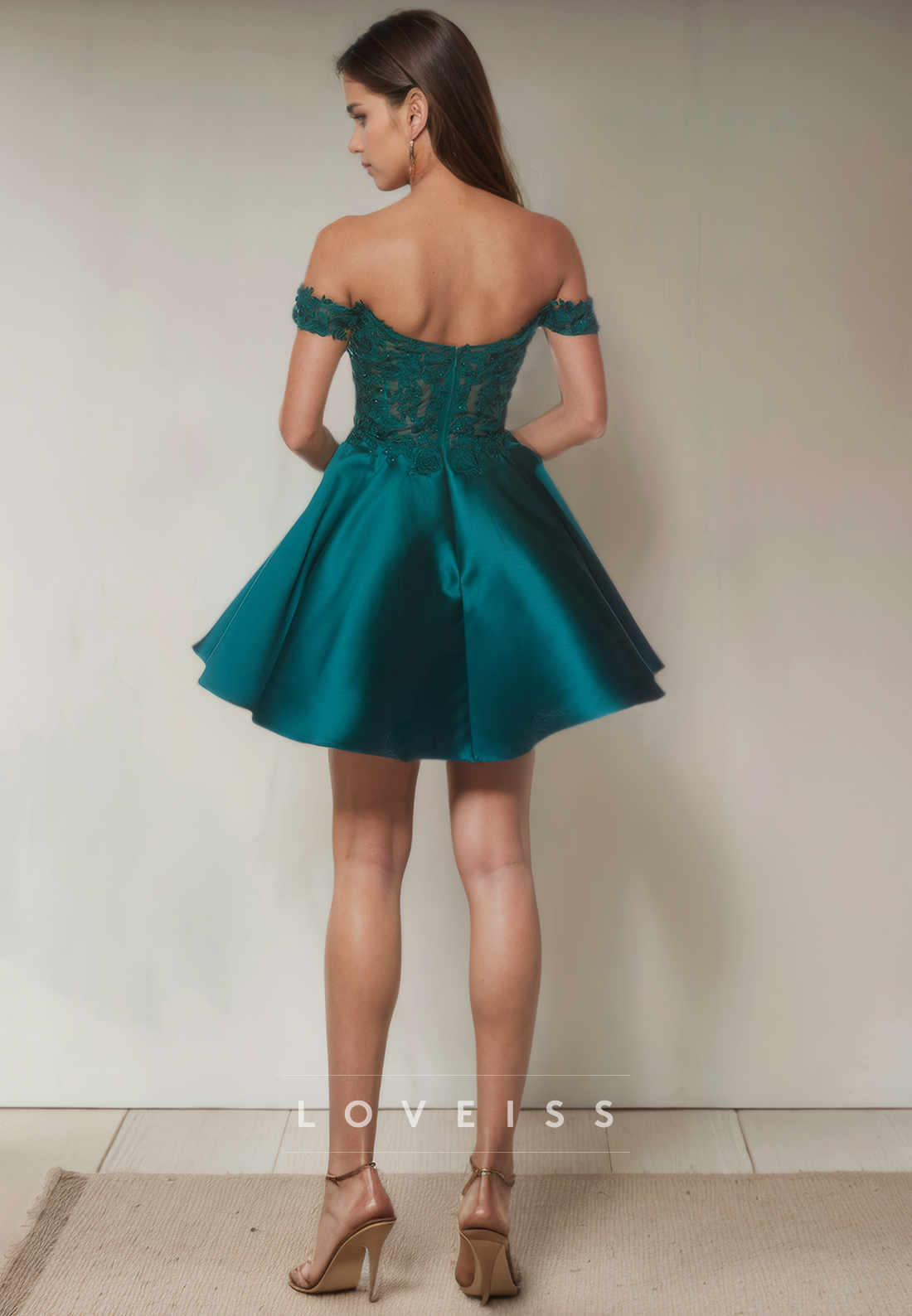 A Line Off Shoulder Satin Lace Appliques Cute Homecoming Dress Short Graduation Dress
