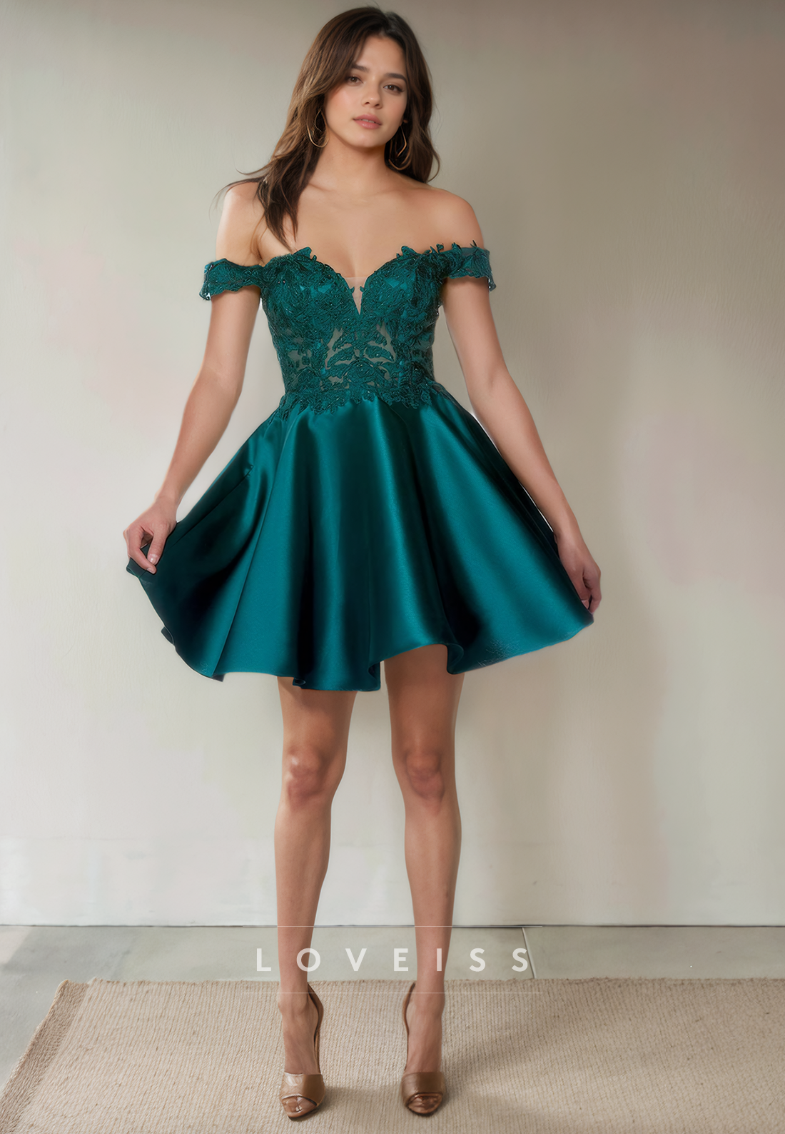 A Line Off Shoulder Satin Lace Appliques Cute Homecoming Dress Short Graduation Dress