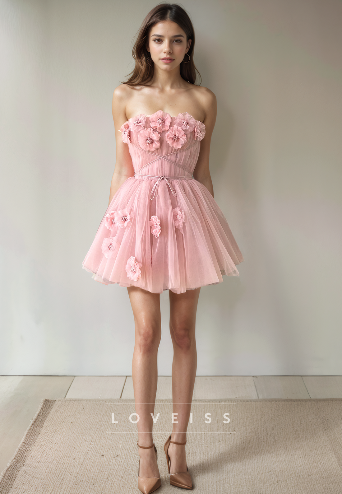 A Line Strapless Flower Pink Cute Homecoming Dress Short Graduation Dress