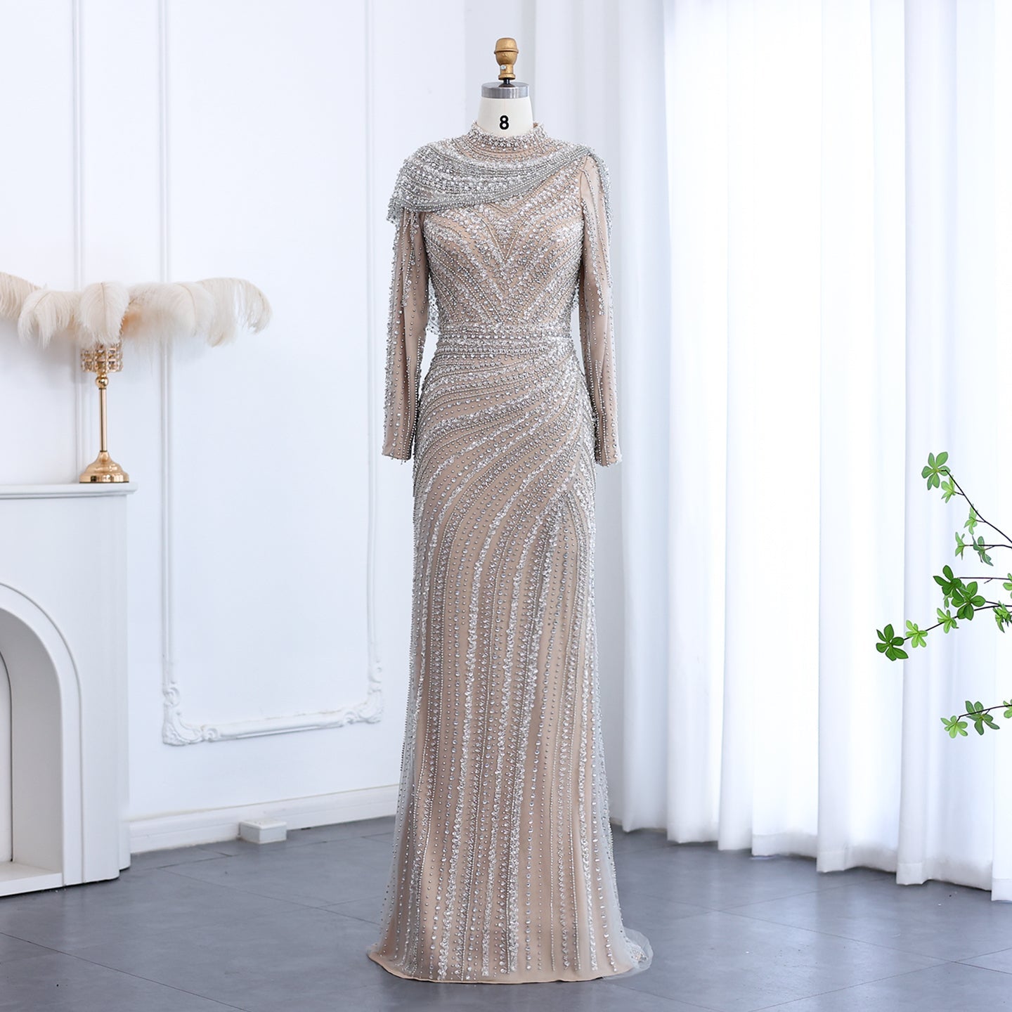 Luxury Beaded Silver Mermaid Evening Dress with Cape