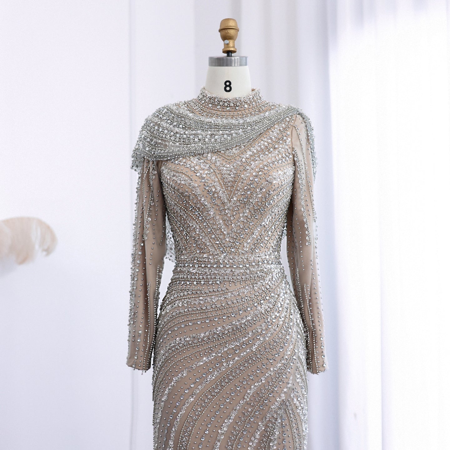Luxury Beaded Silver Mermaid Evening Dress with Cape