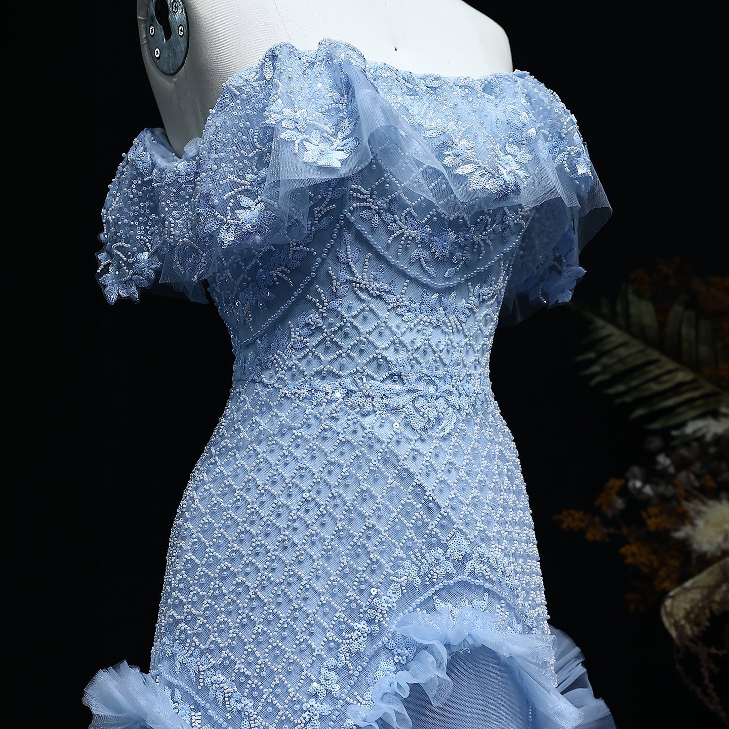 Luxury Pearls Silver Gray Off Shoulder A-Line Evening Dress