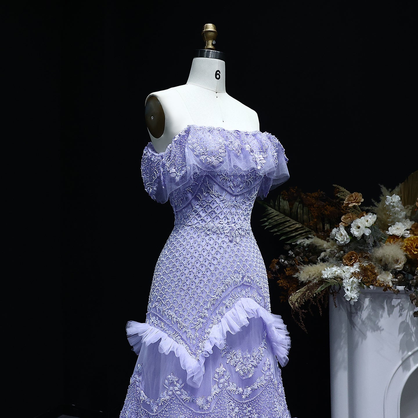 Luxury Pearls Silver Gray Off Shoulder A-Line Evening Dress