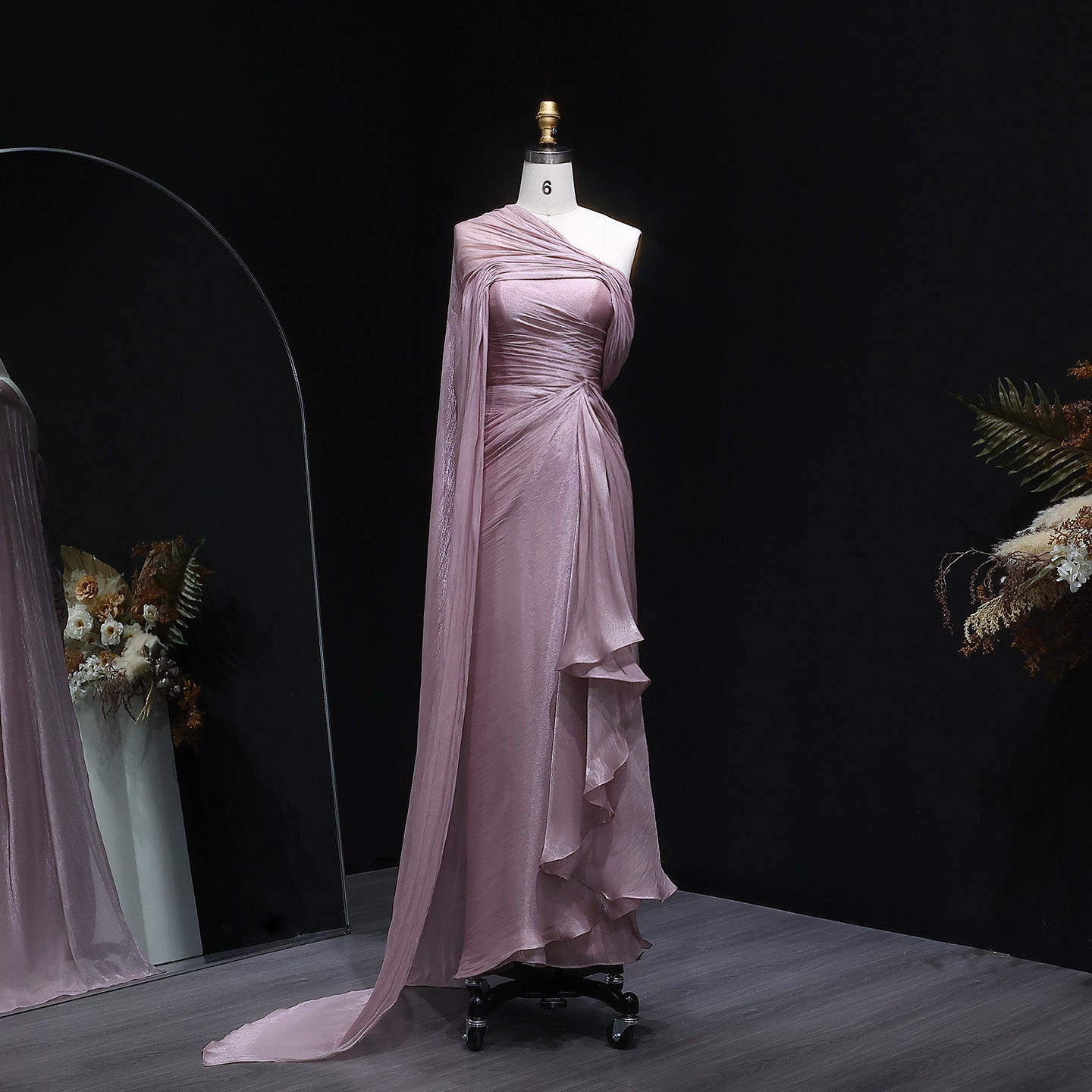 Elegant Lilac Draped Evening Dress with Cape