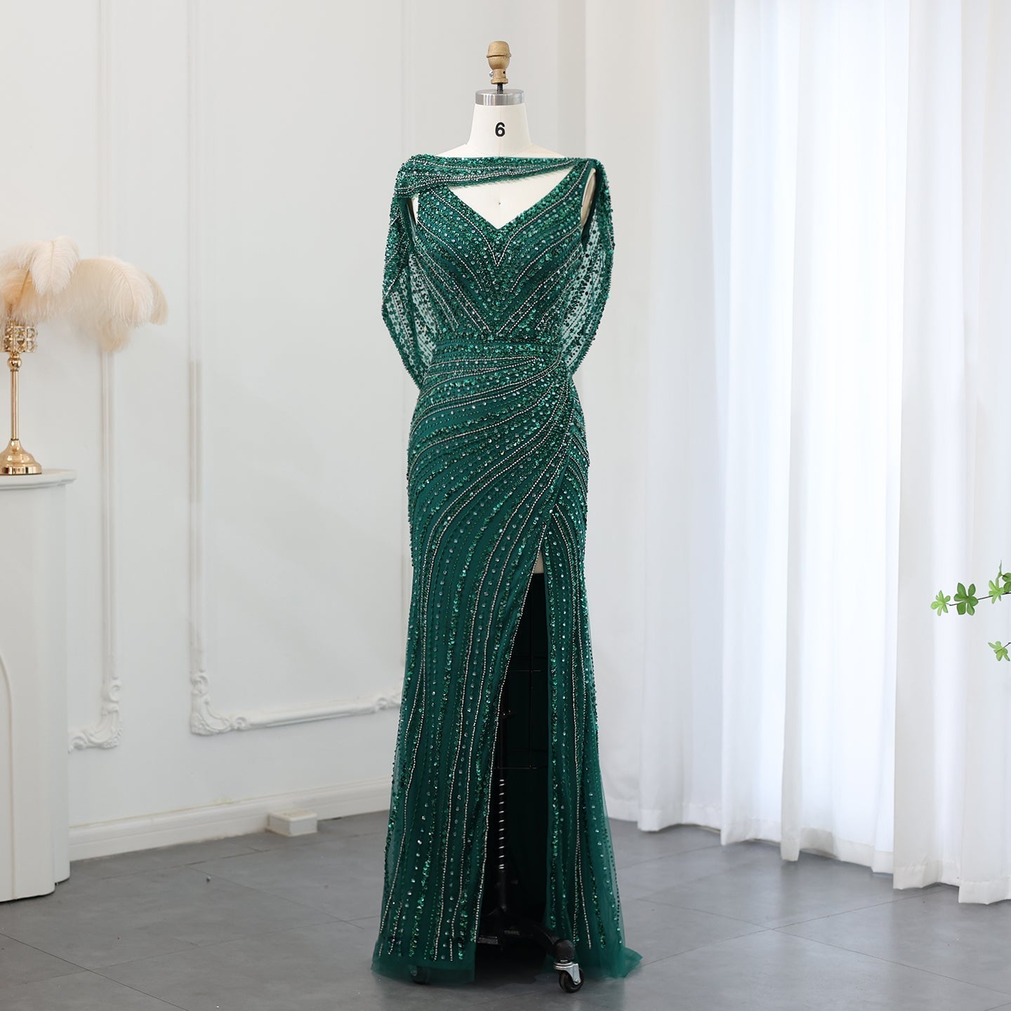Luxury Beaded Silver Mermaid Evening Dress with Cape