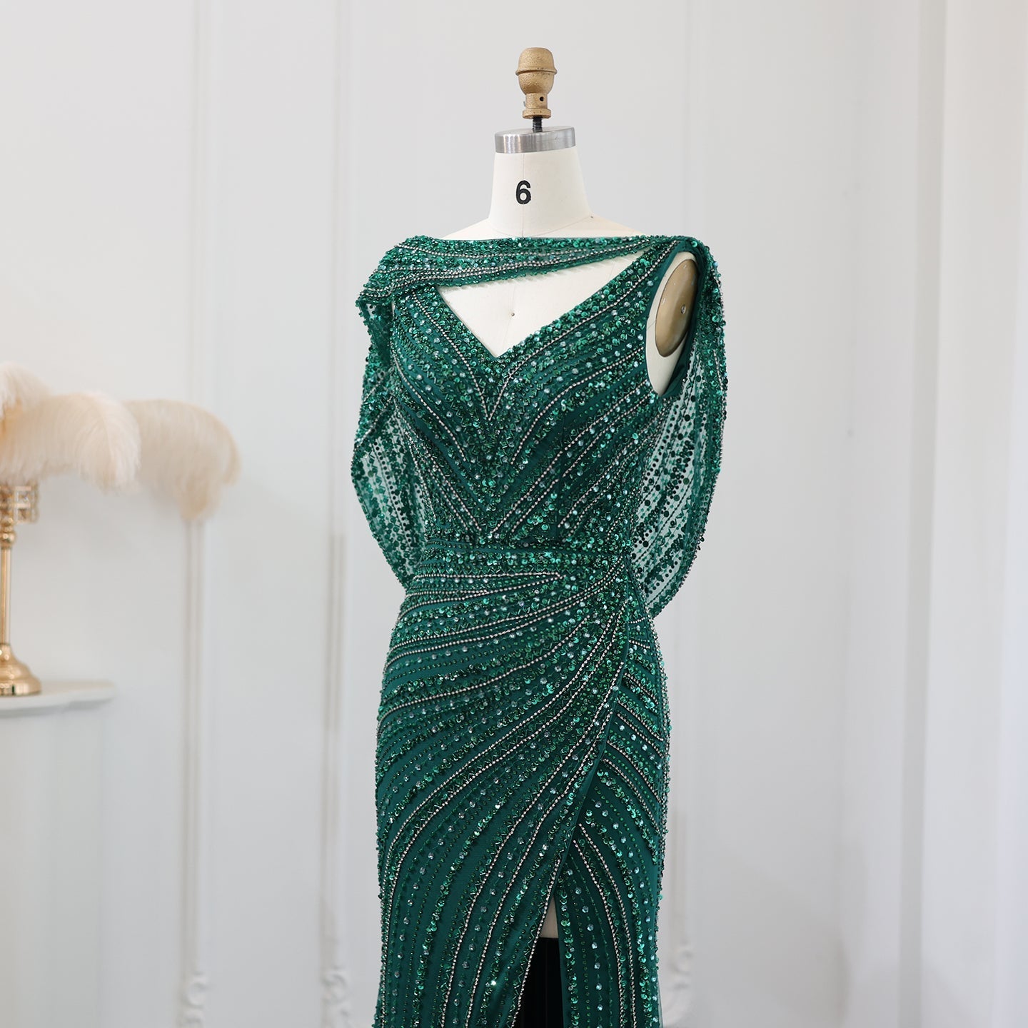Luxury Beaded Silver Mermaid Evening Dress with Cape