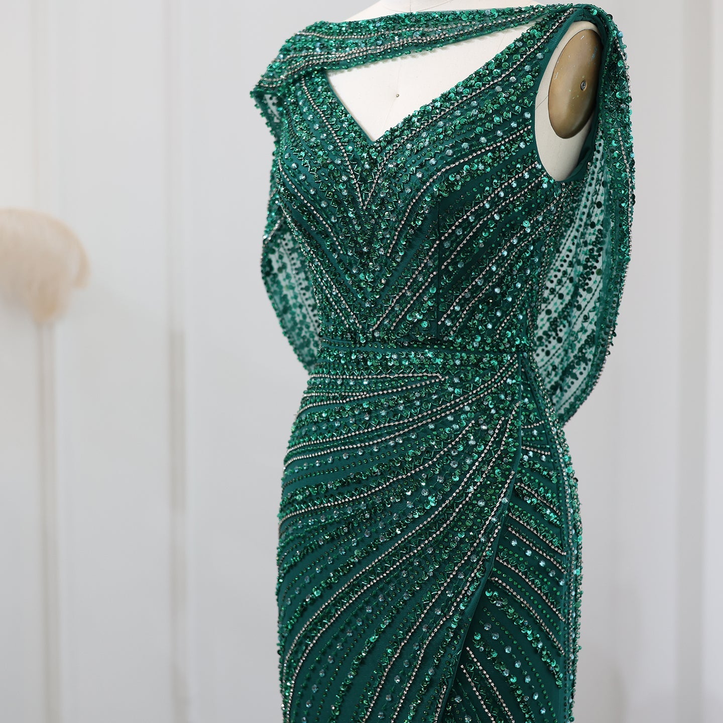 Luxury Beaded Silver Mermaid Evening Dress with Cape