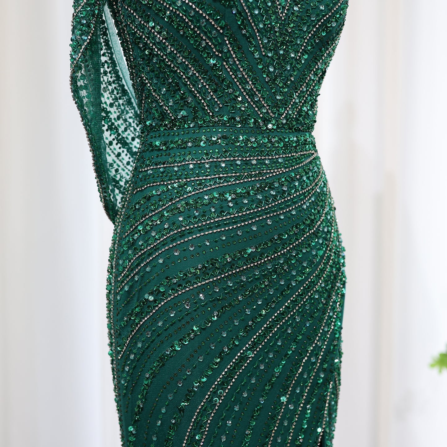 Luxury Beaded Silver Mermaid Evening Dress with Cape