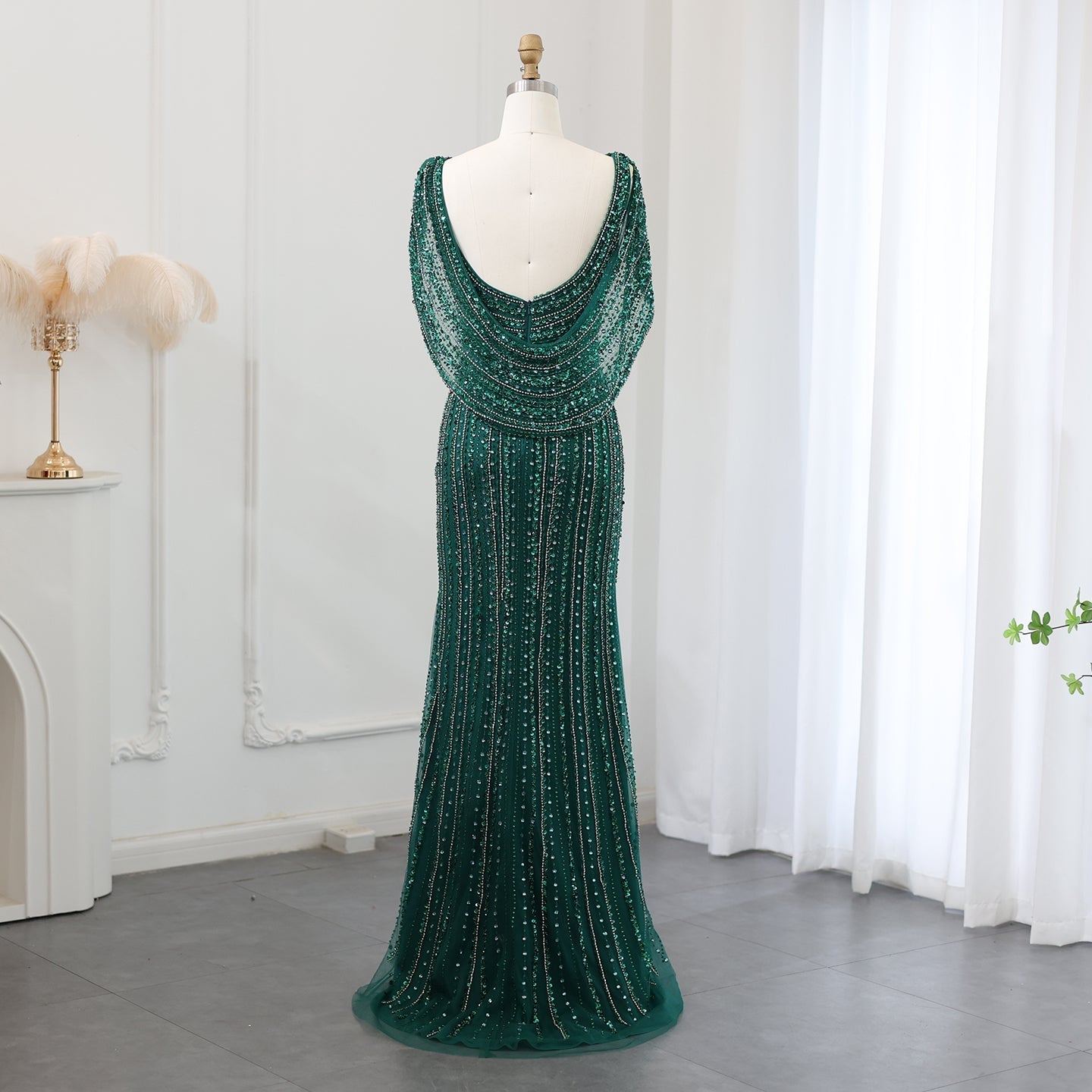 Luxury Beaded Silver Mermaid Evening Dress with Cape