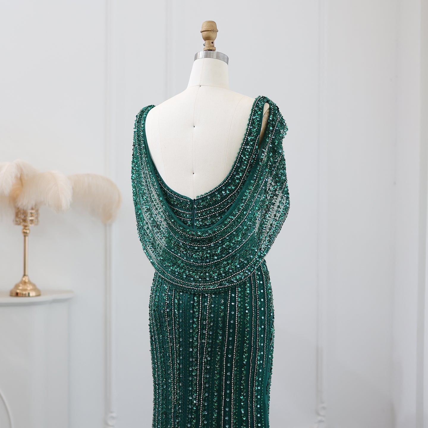 Luxury Beaded Silver Mermaid Evening Dress with Cape