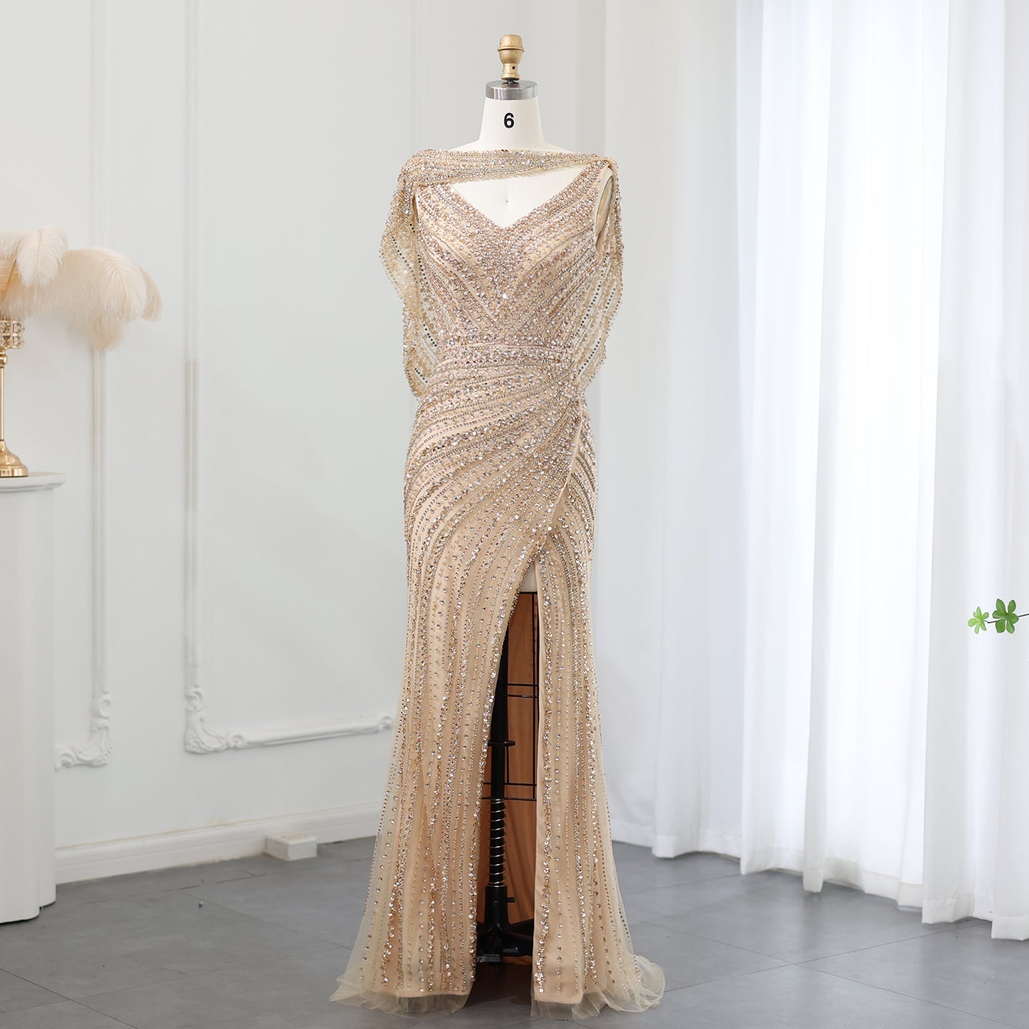 Luxury Beaded Silver Mermaid Evening Dress with Cape