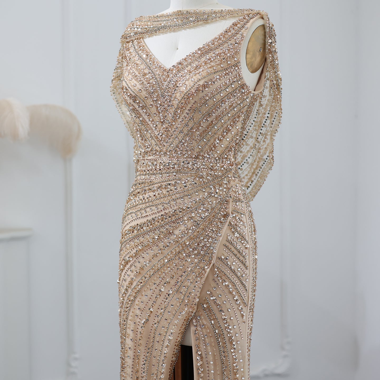 Luxury Beaded Silver Mermaid Evening Dress with Cape