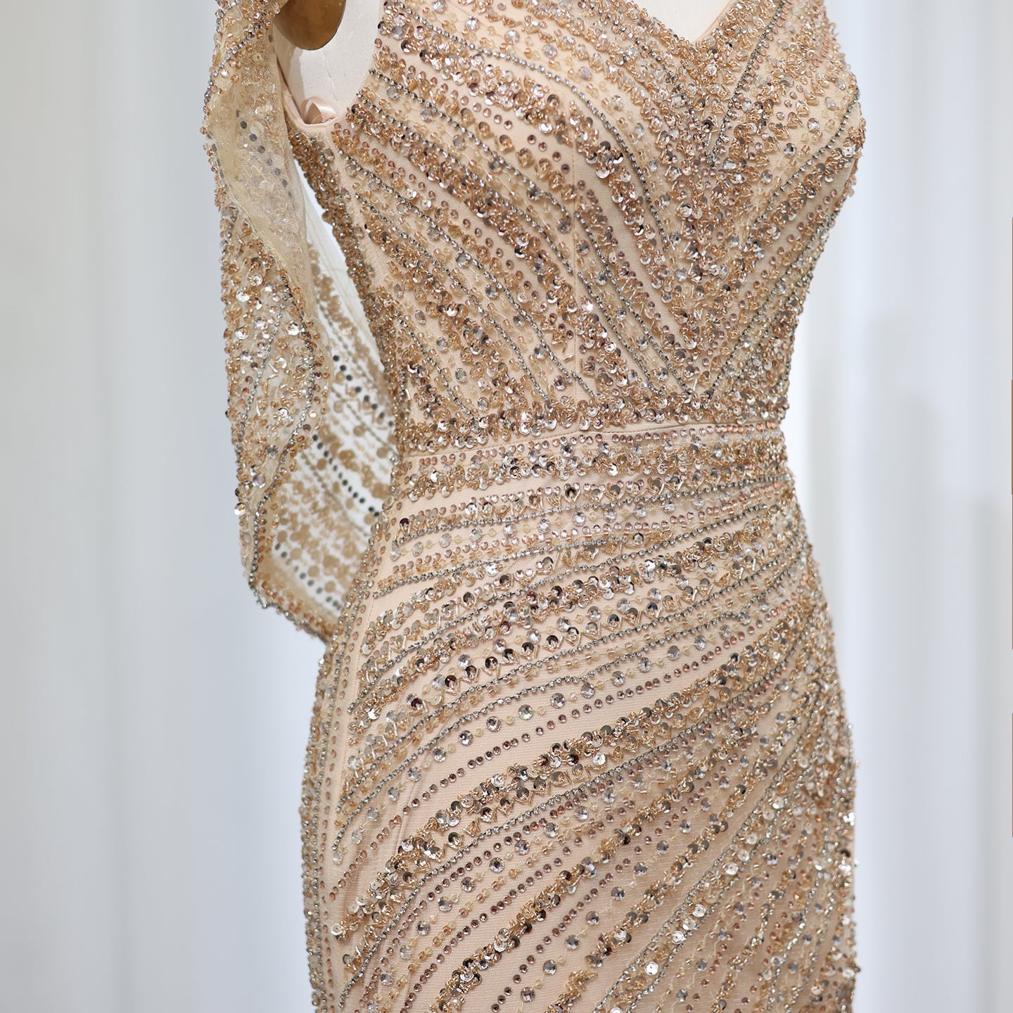 Luxury Beaded Silver Mermaid Evening Dress with Cape