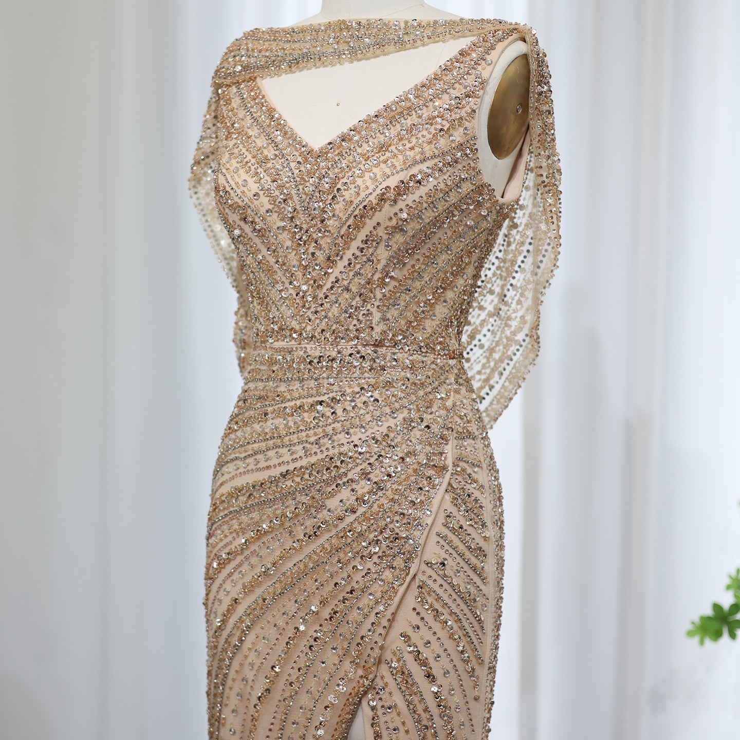 Luxury Beaded Silver Mermaid Evening Dress with Cape