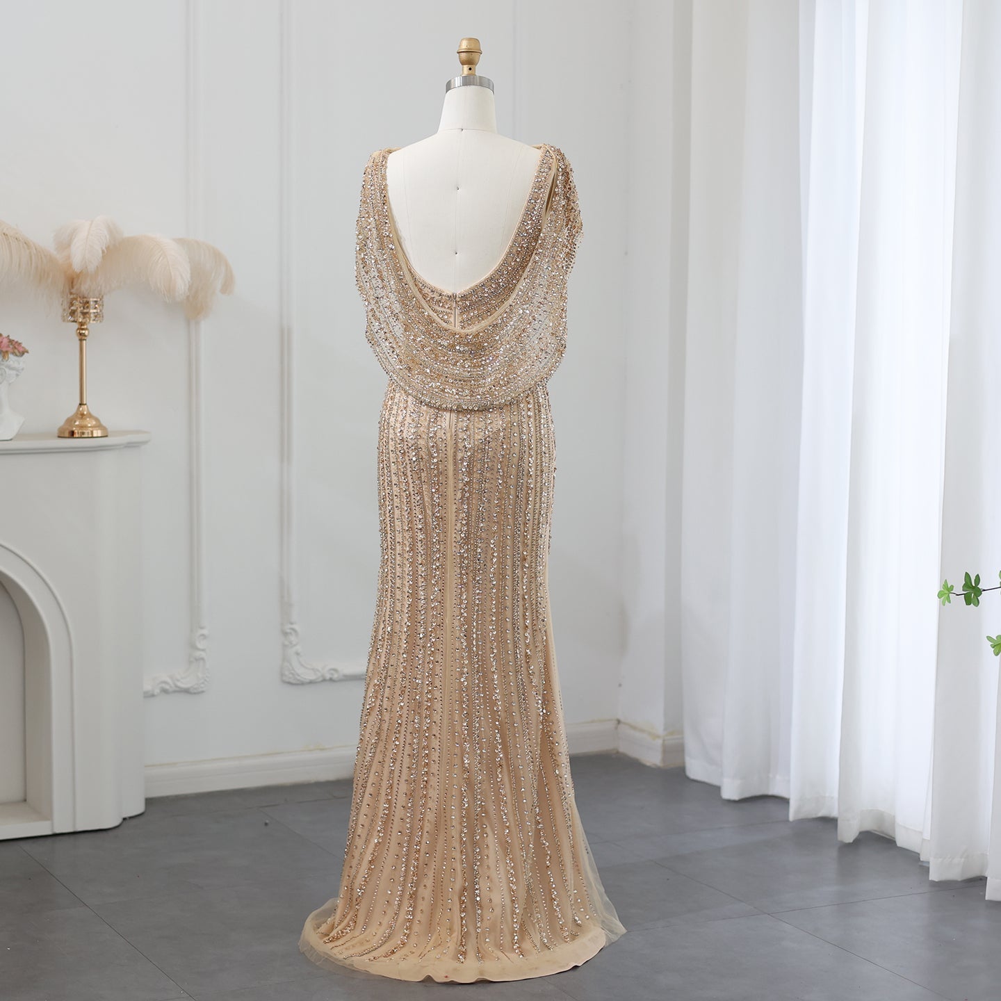 Luxury Beaded Silver Mermaid Evening Dress with Cape