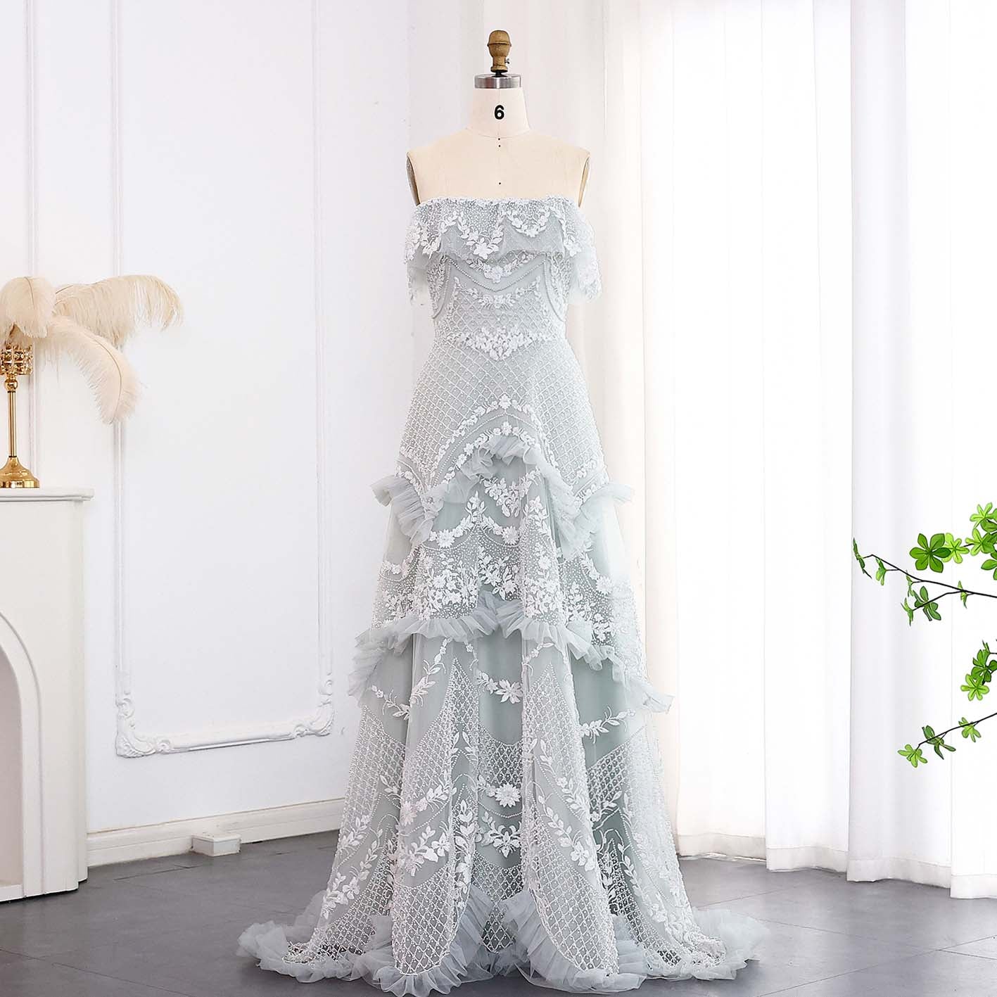 Luxury Pearls Silver Gray Off Shoulder A-Line Evening Dress