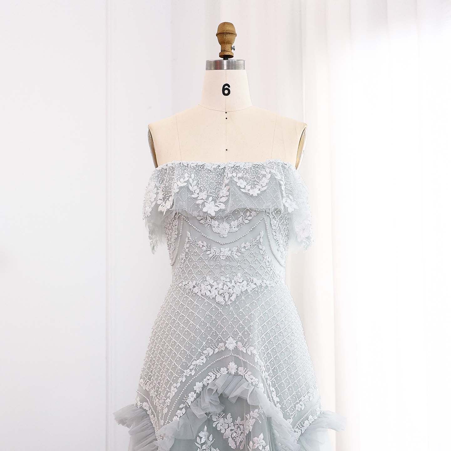 Luxury Pearls Silver Gray Off Shoulder A-Line Evening Dress