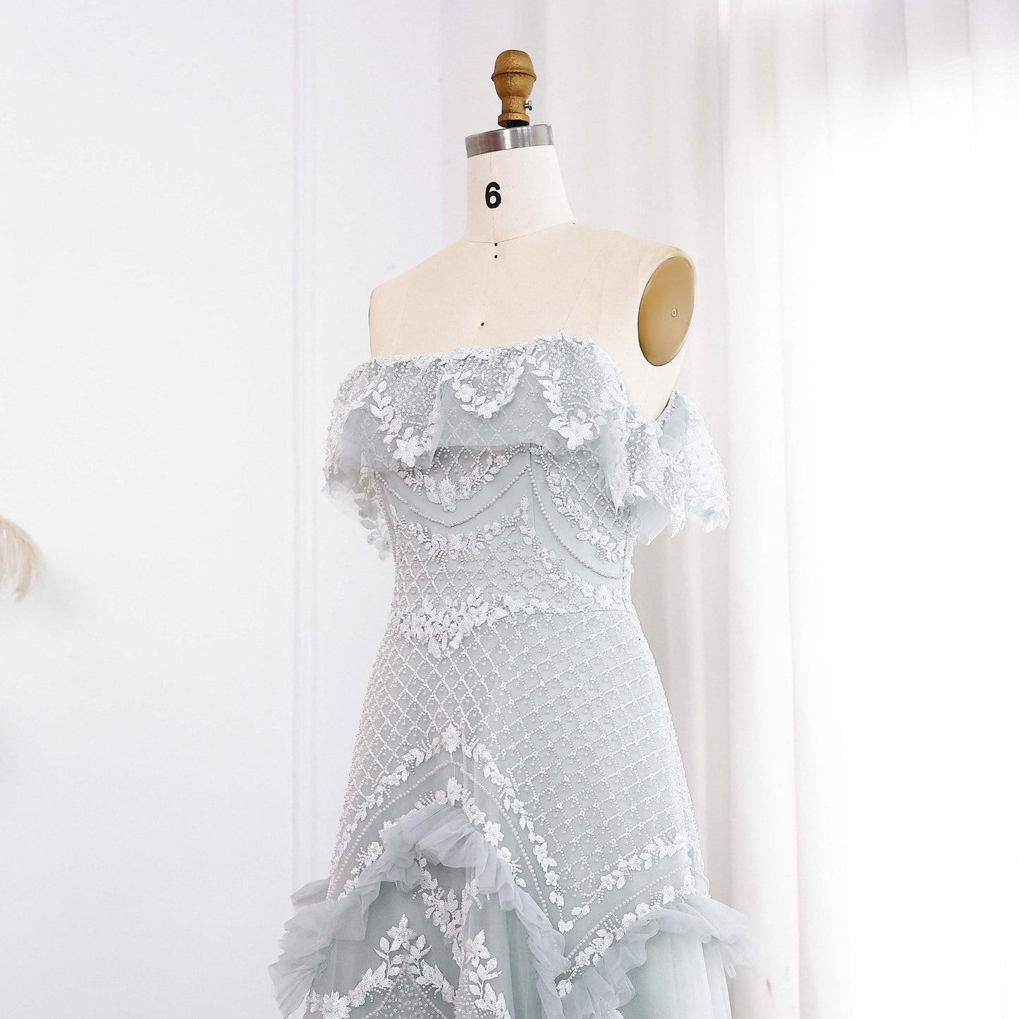 Luxury Pearls Silver Gray Off Shoulder A-Line Evening Dress