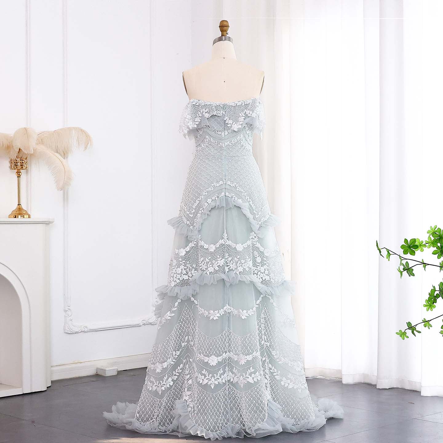 Luxury Pearls Silver Gray Off Shoulder A-Line Evening Dress