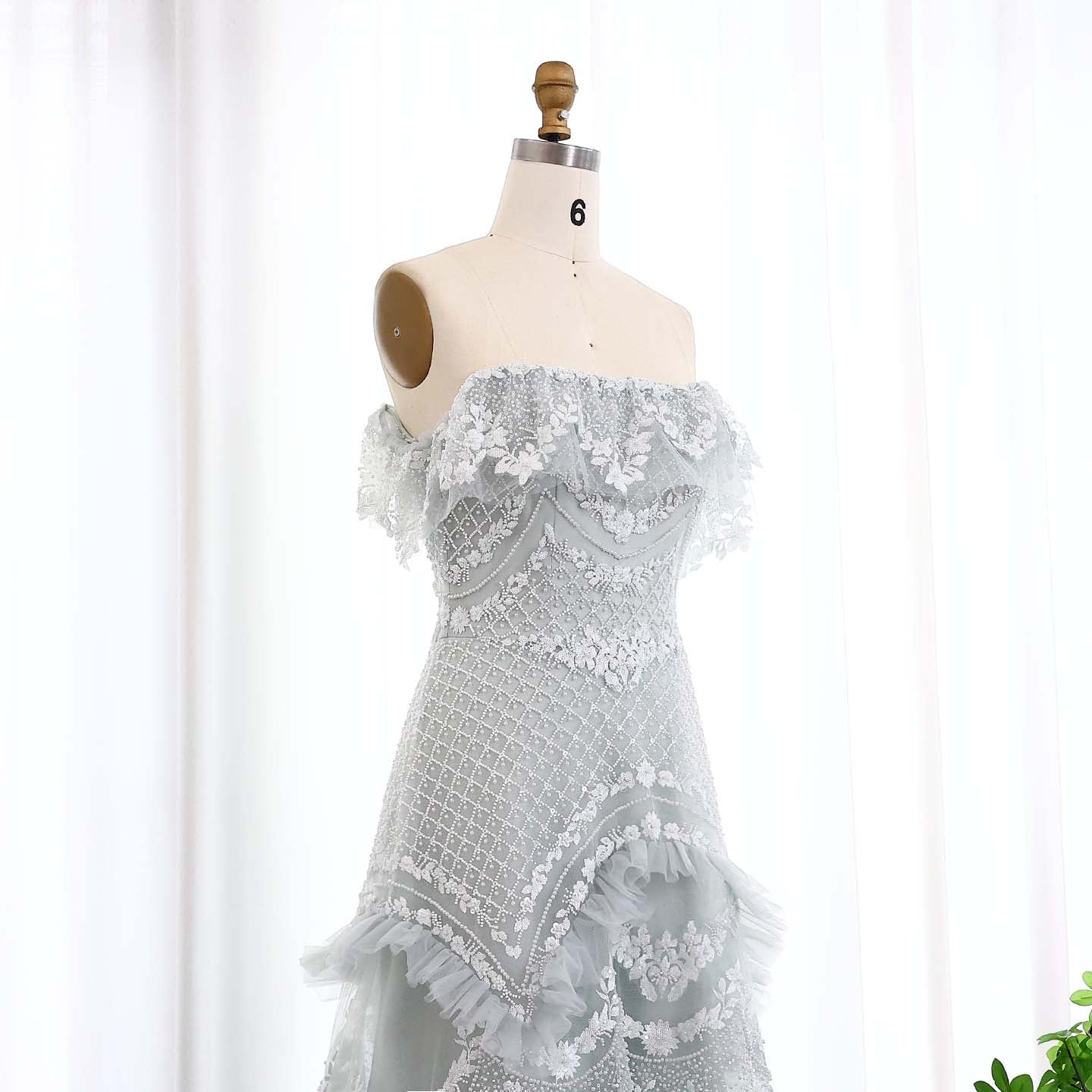 Luxury Pearls Silver Gray Off Shoulder A-Line Evening Dress