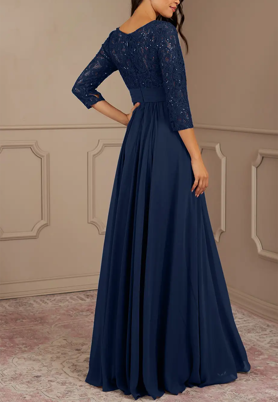 Scoop Long Sleeves Appliques Chiffon Long Mother of Bride Dress