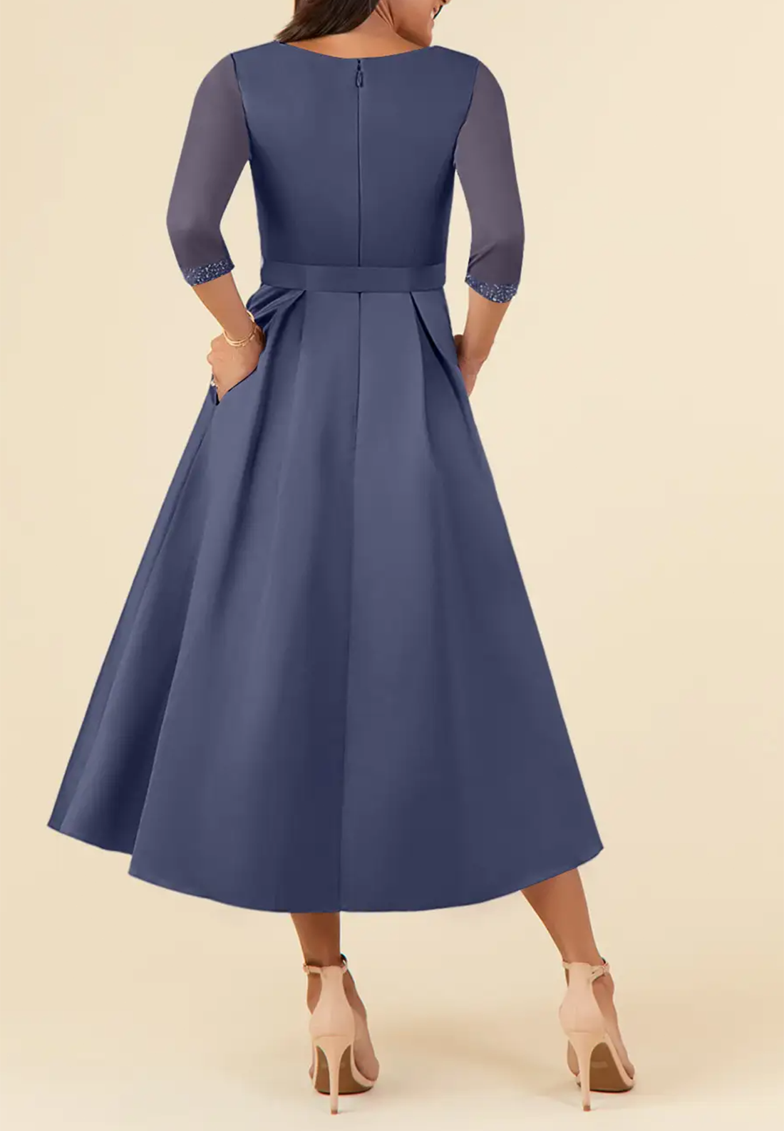 V-Neck Half Sleeves Pleated A-Line Mother of Bride Dress