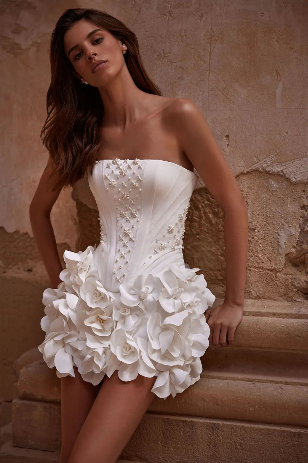 Bandeau applique floral bridal skinny wedding mini dress
