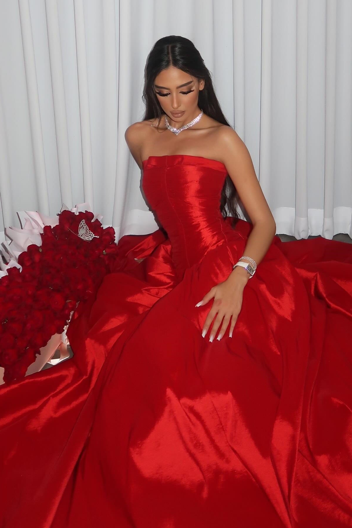Princess A Line Strapless Red Long Party Dress with Ruffles