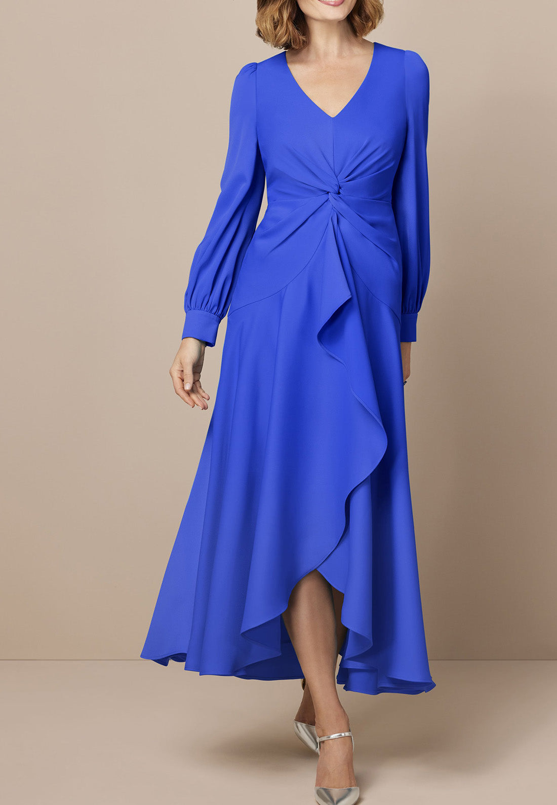V-Neck Long Sleeves Ruffled Chiffon A-Line Mother of Bride Dress Cocktail Dress