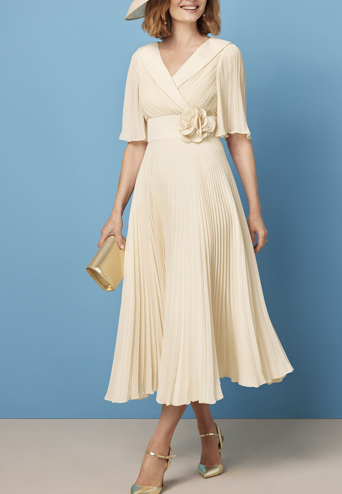 V-Neck Half Sleeves Chiffon Pleated A-Line Mother of Bride Dress Cocktail Dress