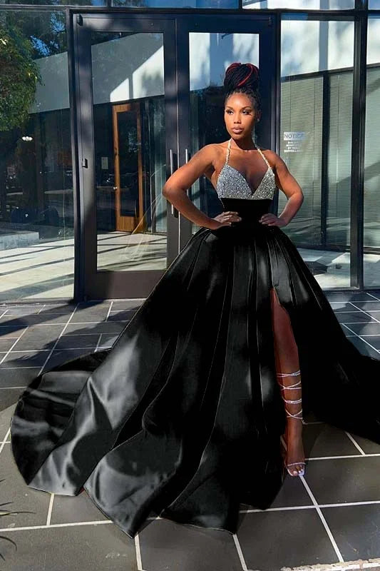 Glamorous Yellow Sequins V-Neck A-Line Prom Dress Sleeveless With Split