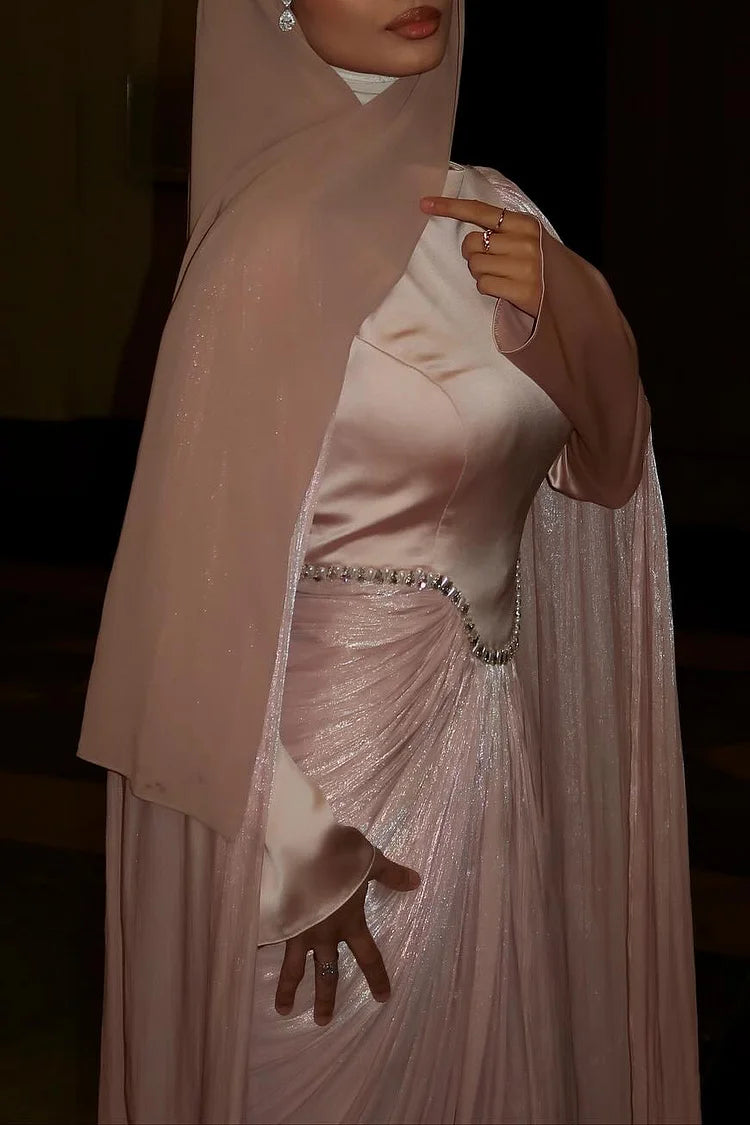 Rhinestone Cape Sleeve Ruched High Neck Party Maxi Dresses