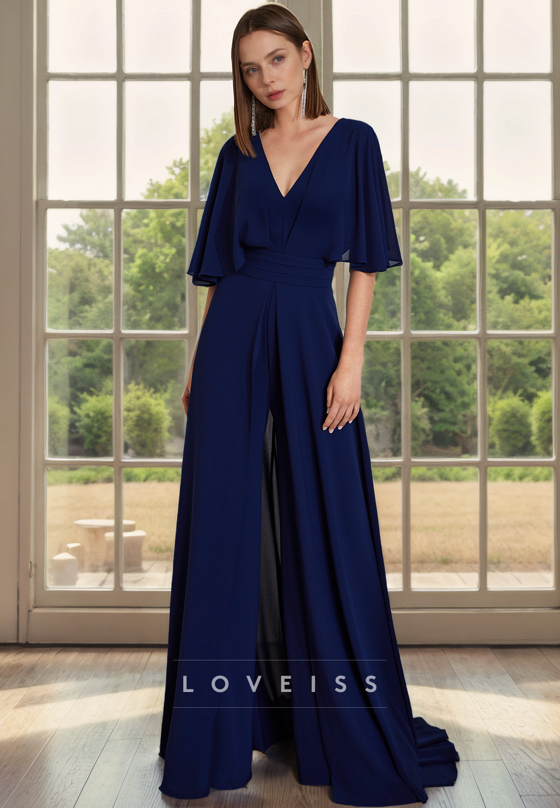 A Line V Neck Short Sleeves Pant Suits Elegant Chiffon Mother of the Bride Dress Long Cocktail Dress