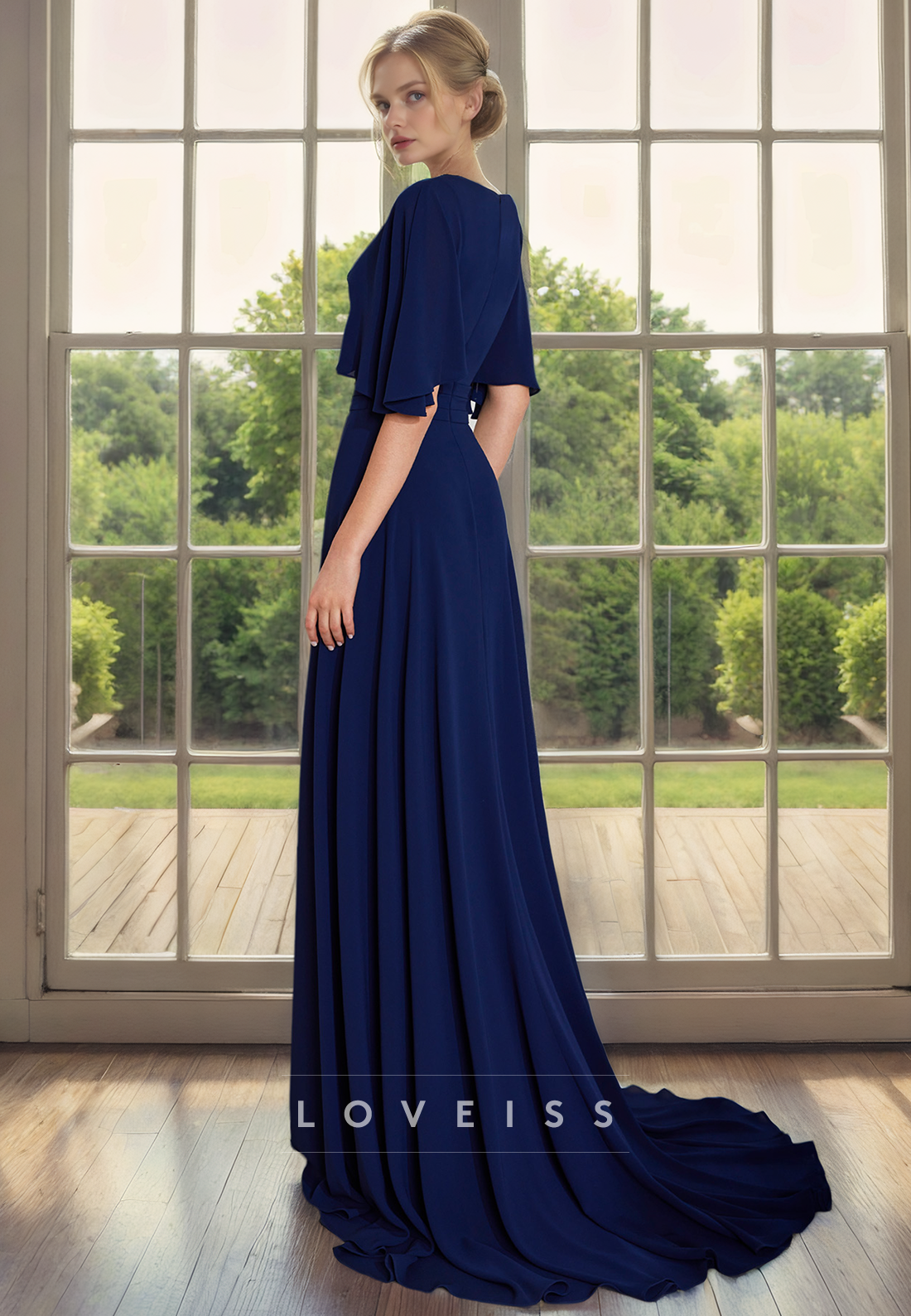 A Line V Neck Short Sleeves Pant Suits Elegant Chiffon Mother of the Bride Dress Long Cocktail Dress