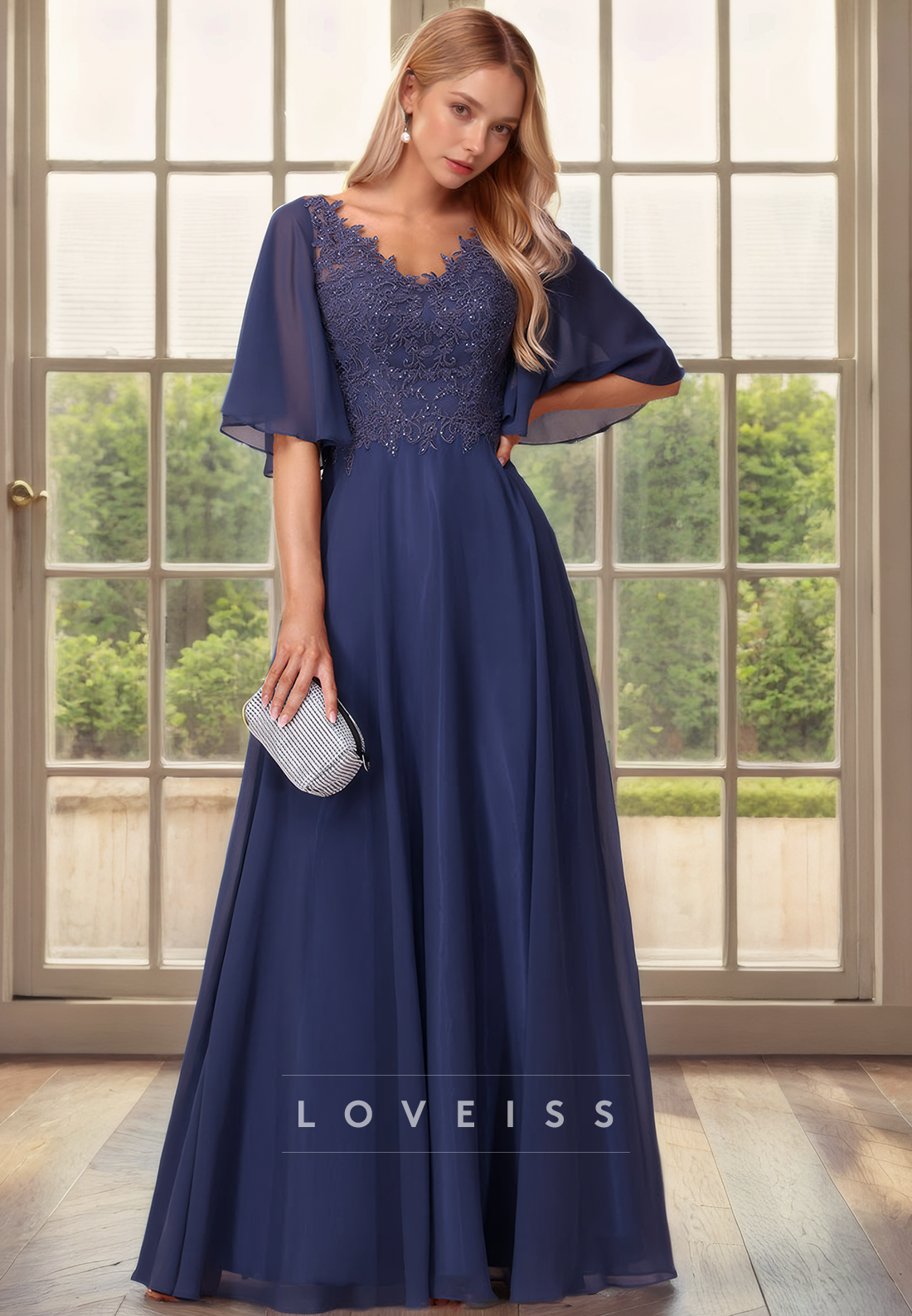 A Line Scoop Lace Appliques Short Sleeves Elegant Mother of the Bride Dress